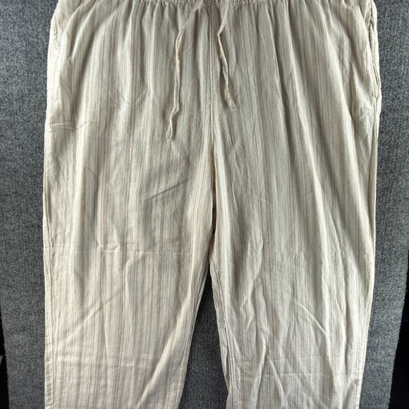 NWT Sonoma Linen Blend 2X Plus Pants Ivory Striped Drawstring Casual Straight - Picture 1 of 13